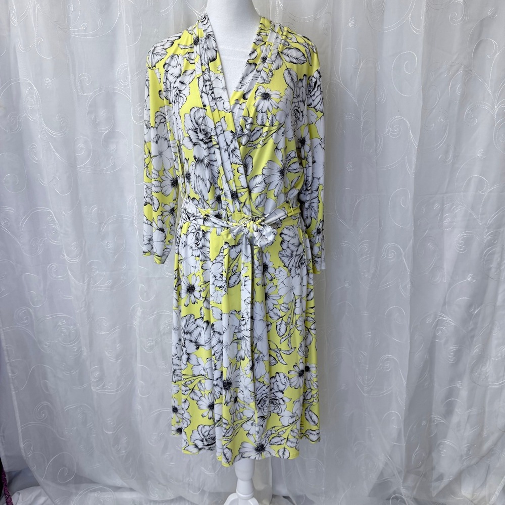 Liz Claiborne Yellow Floral Faux Wrap Dress XL Jersey Knit Midi